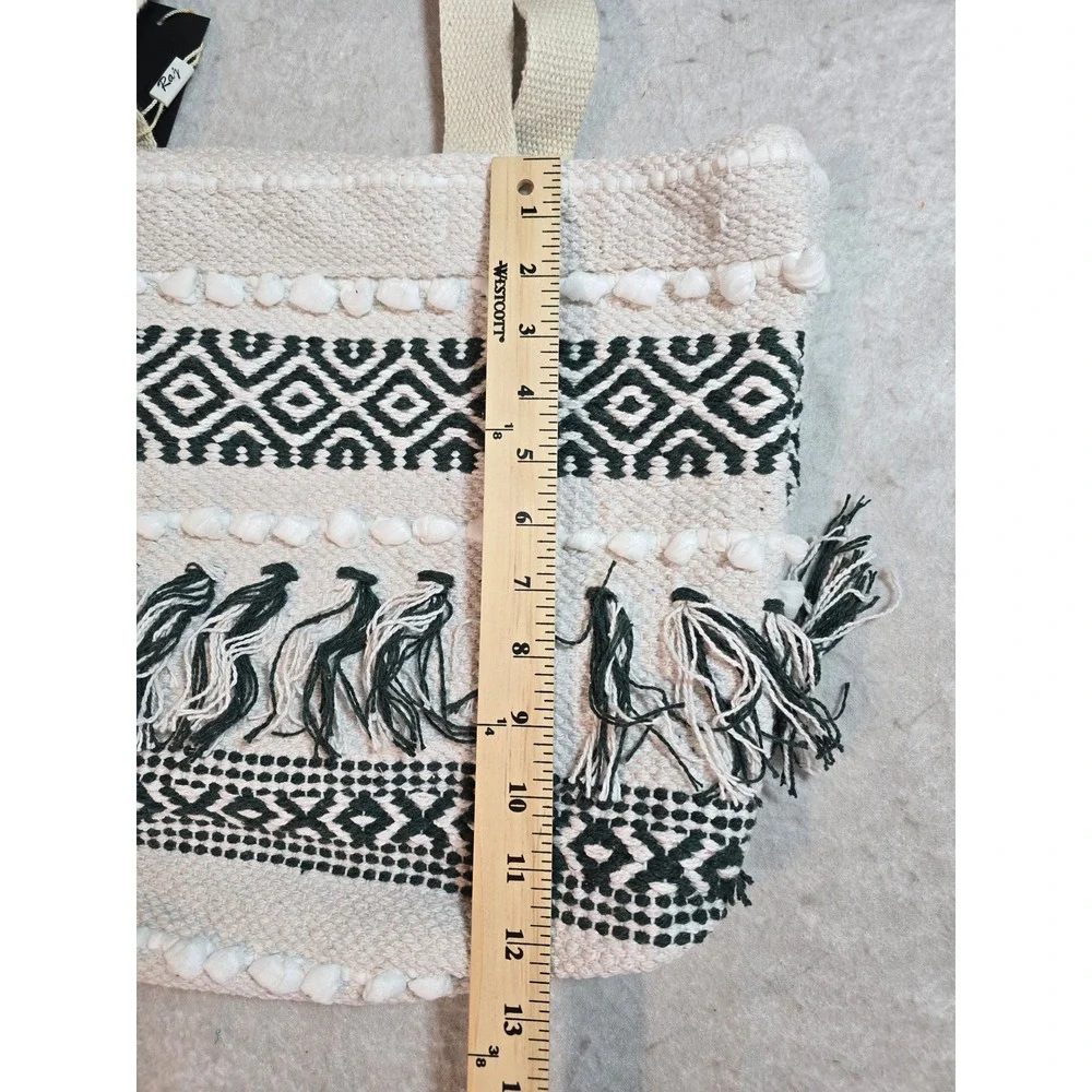 Raj XL Women Woven Cotton Boho Tote Bag Green White Geometric Fringe Pom Pom NEW